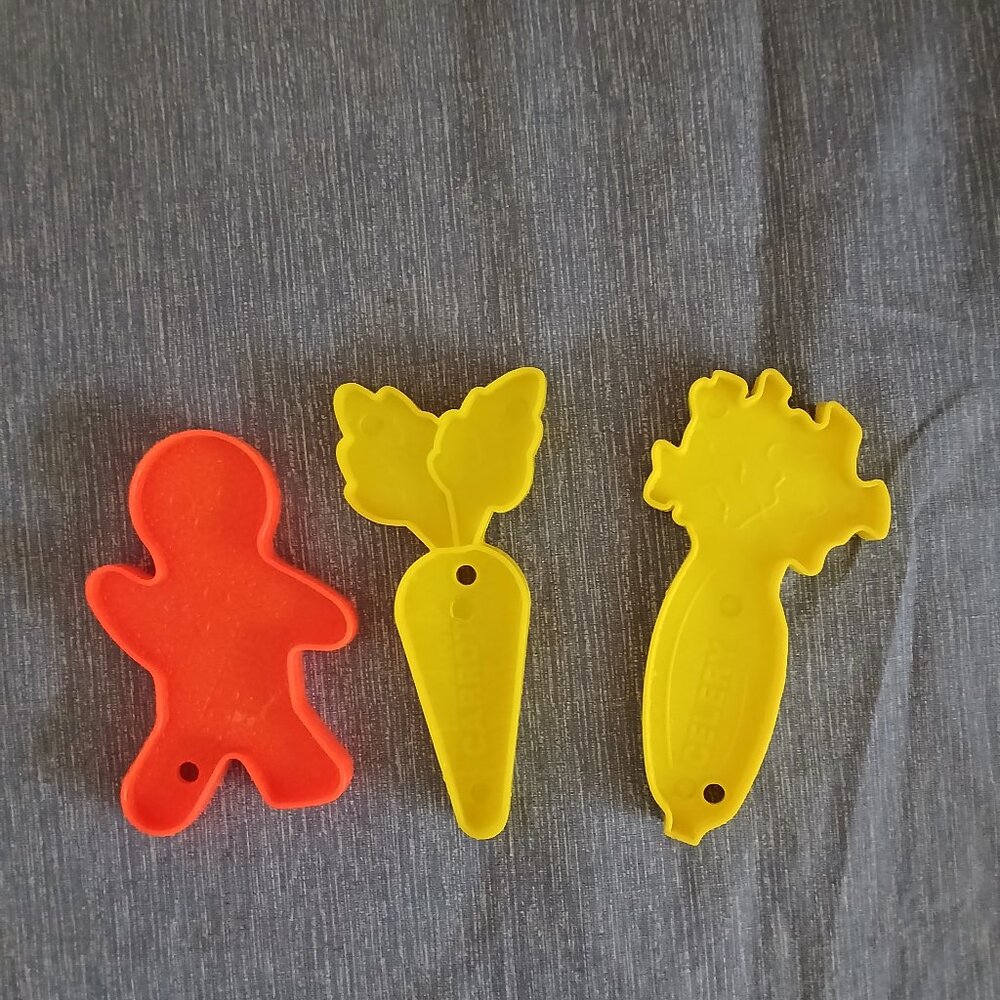 Vintage cookie cutters: Orange Gingerbread boy, Yellow Carrot & Celery x 3